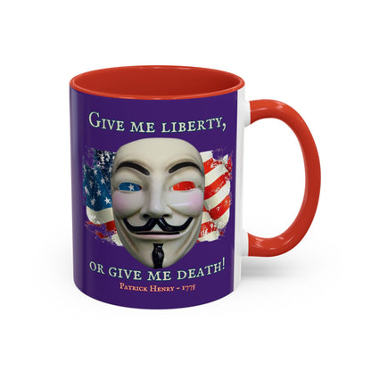 Vendetta, "Give me liberty, or give me death!" Purple Accent Mug by theGreenDragonTavern.shop