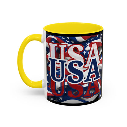 USA Blue font Center Patriot Black Accent Mug by theGreenDragonTavern.shop