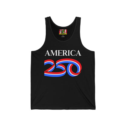 America 250 White font Unisex Jersey Tank Top by theGreenDragonTavern.shop