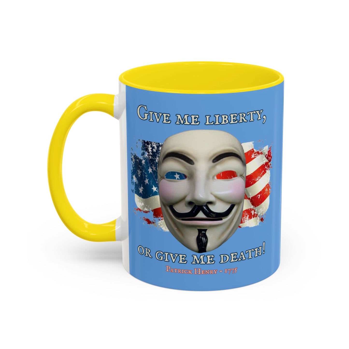 Vendetta, "Give me liberty, or give me death!" Blue Accent Mug by theGreenDragonTavern.shop