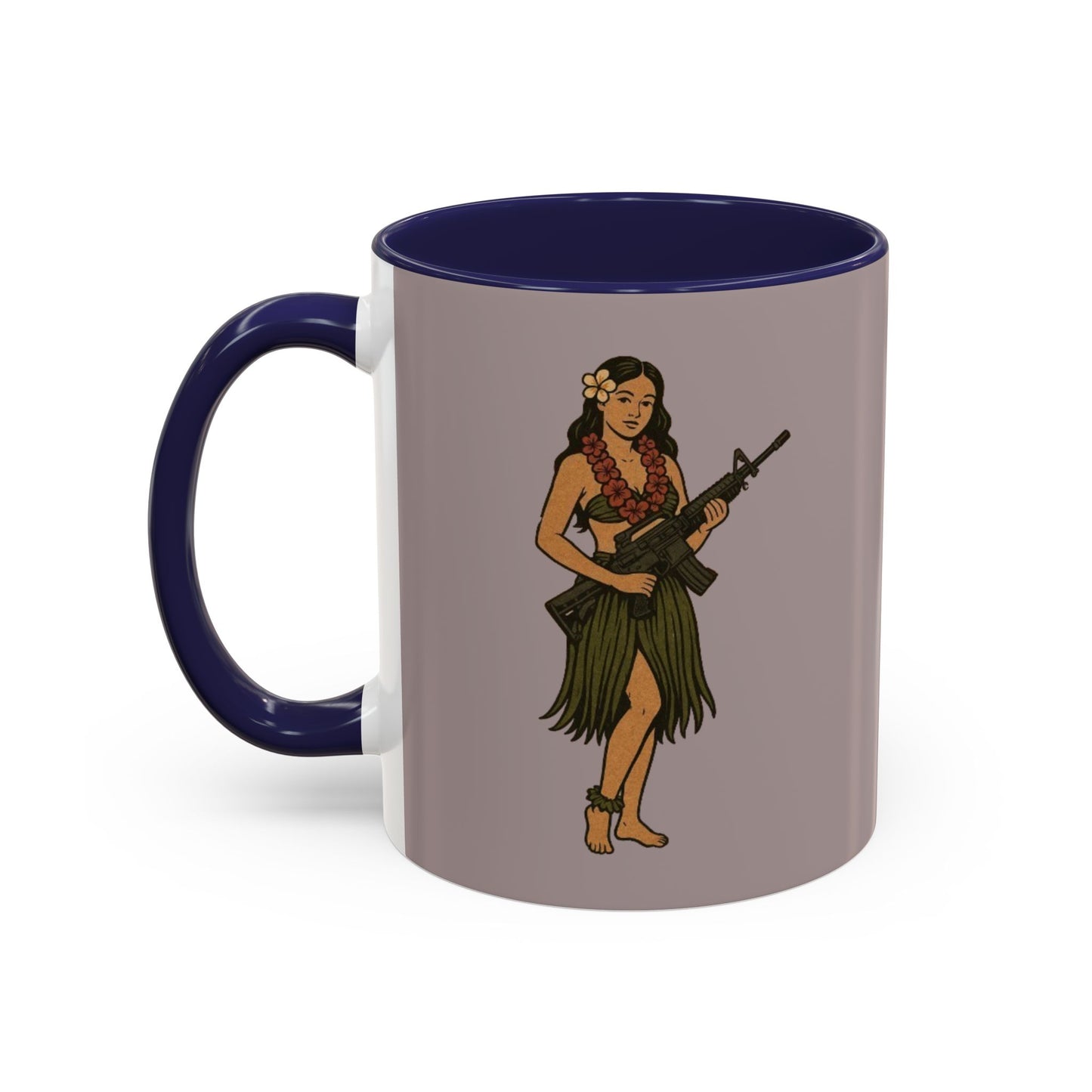 Hula Girl Packin' Heat Grey Accent Mug by theGreenDragonTavern.shop
