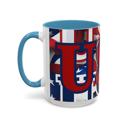 USA! USA! USA Red font Patriot Blue Accent Mug by theGreenDragonTavern.shop