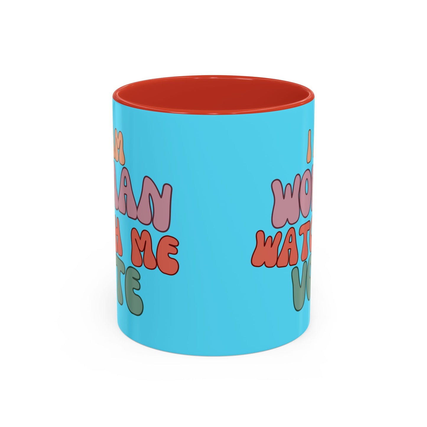I Am Woman Watch Me Vote Light Blue Accent Mug by theGreenDragonTavern.shop