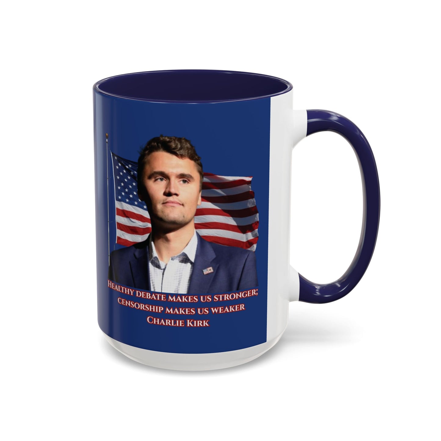 Charlie Kirk, Healthy Debate Blue Accent Mug by theGreenDragonTavern.shop