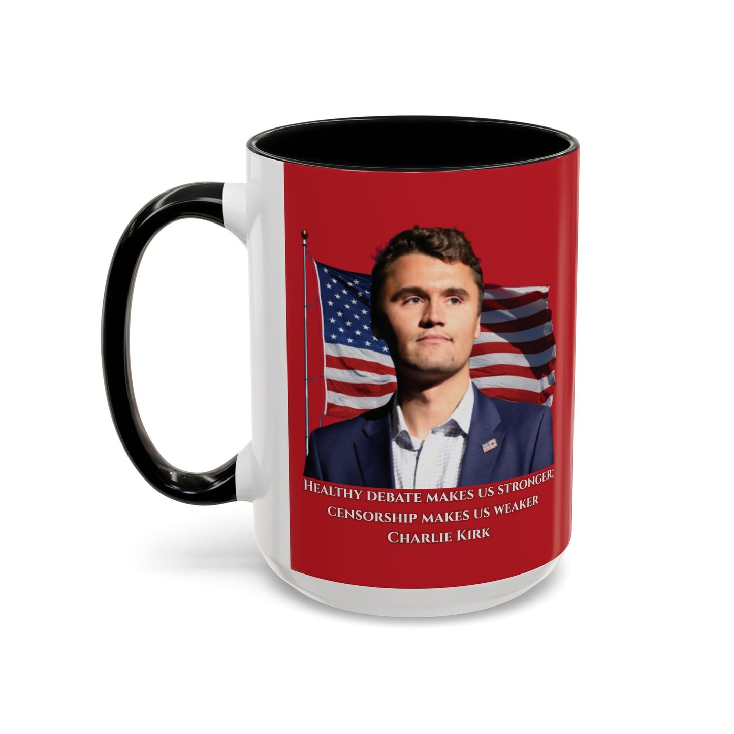 Charlie Kirk, Healthy Debate Red Accent Mug by theGreenDragonTavern.shop
