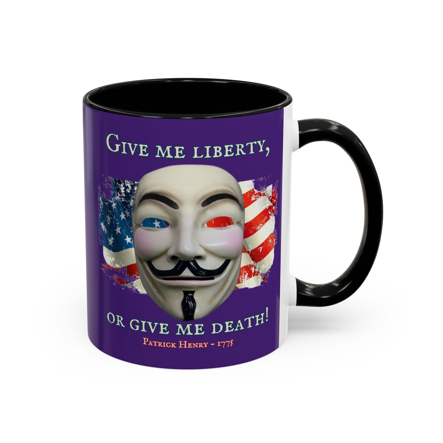 Vendetta, "Give me liberty, or give me death!" Purple Accent Mug by theGreenDragonTavern.shop
