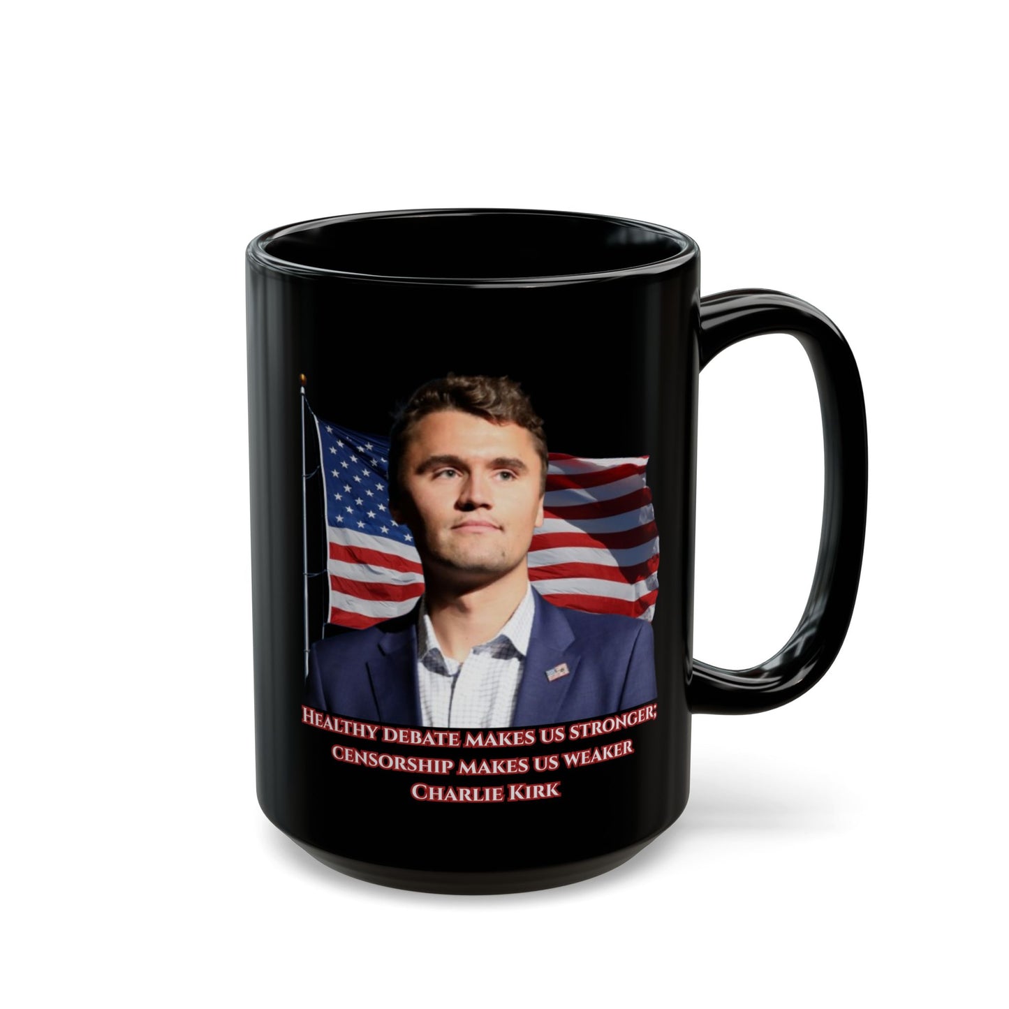 Charlie Kirk, Healthy Debate Black Mug by theGreenDragonTavern.shop