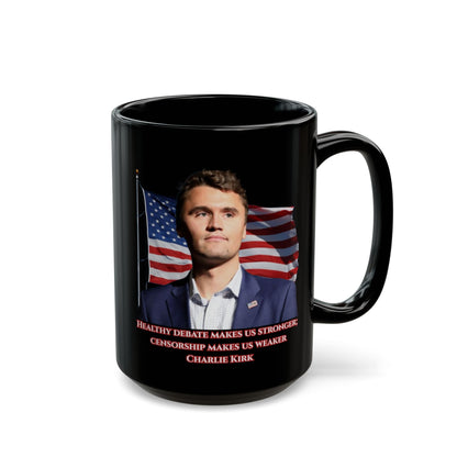 Charlie Kirk, Healthy Debate Black Mug by theGreenDragonTavern.shop