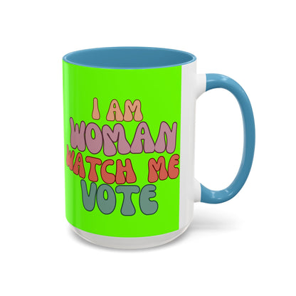 I Am Woman Watch Me Vote Light Green Accent Mug by theGreenDragonTavern.shop