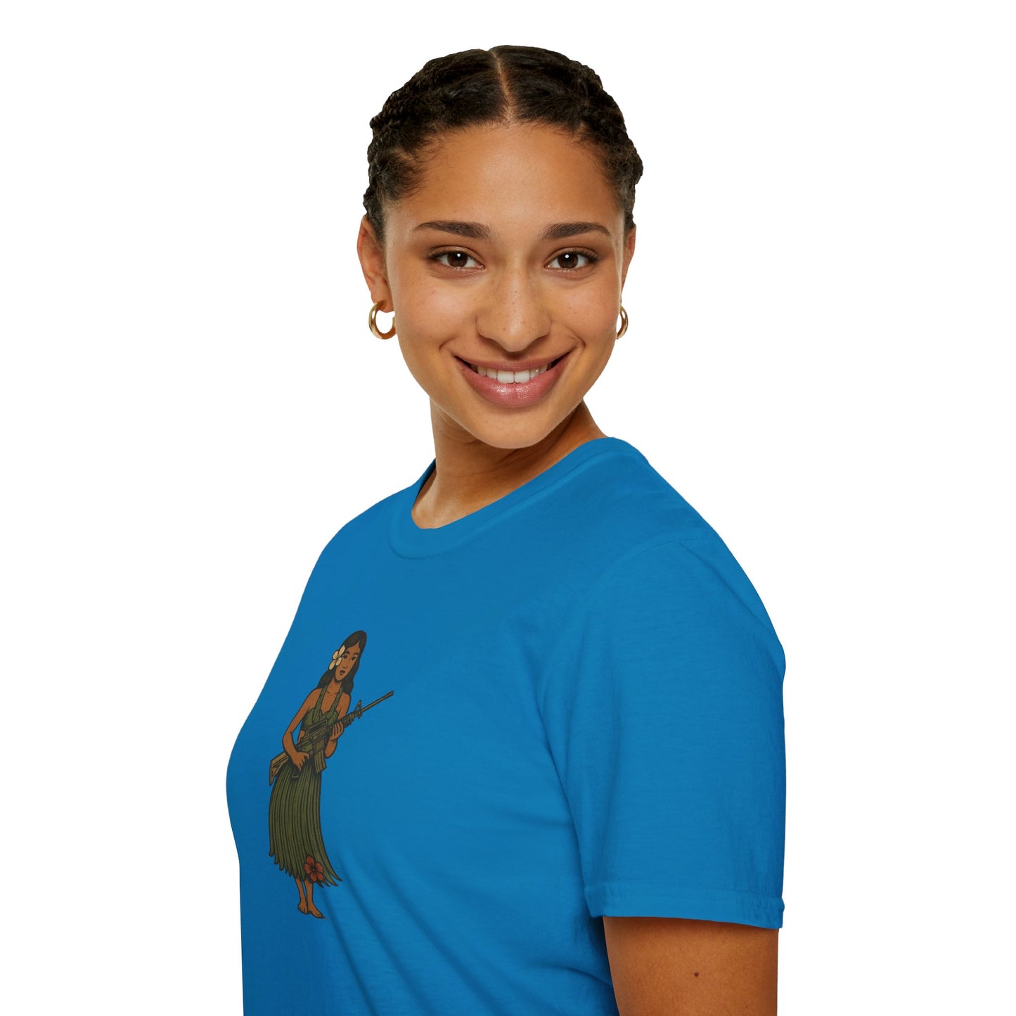 2-sided, Hula Girl Packin' Heat Dark colors Unisex T-Shirt by theGreenDragonTavern.shop