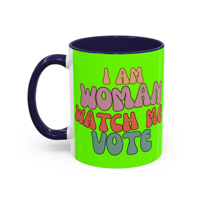 I Am Woman Watch Me Vote Light Green Accent Mug by theGreenDragonTavern.shop