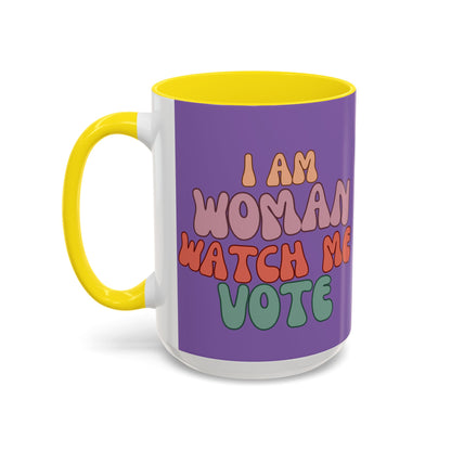 I Am Woman Watch Me Vote Light Purple Accent Mug by theGreenDragonTavern.shop