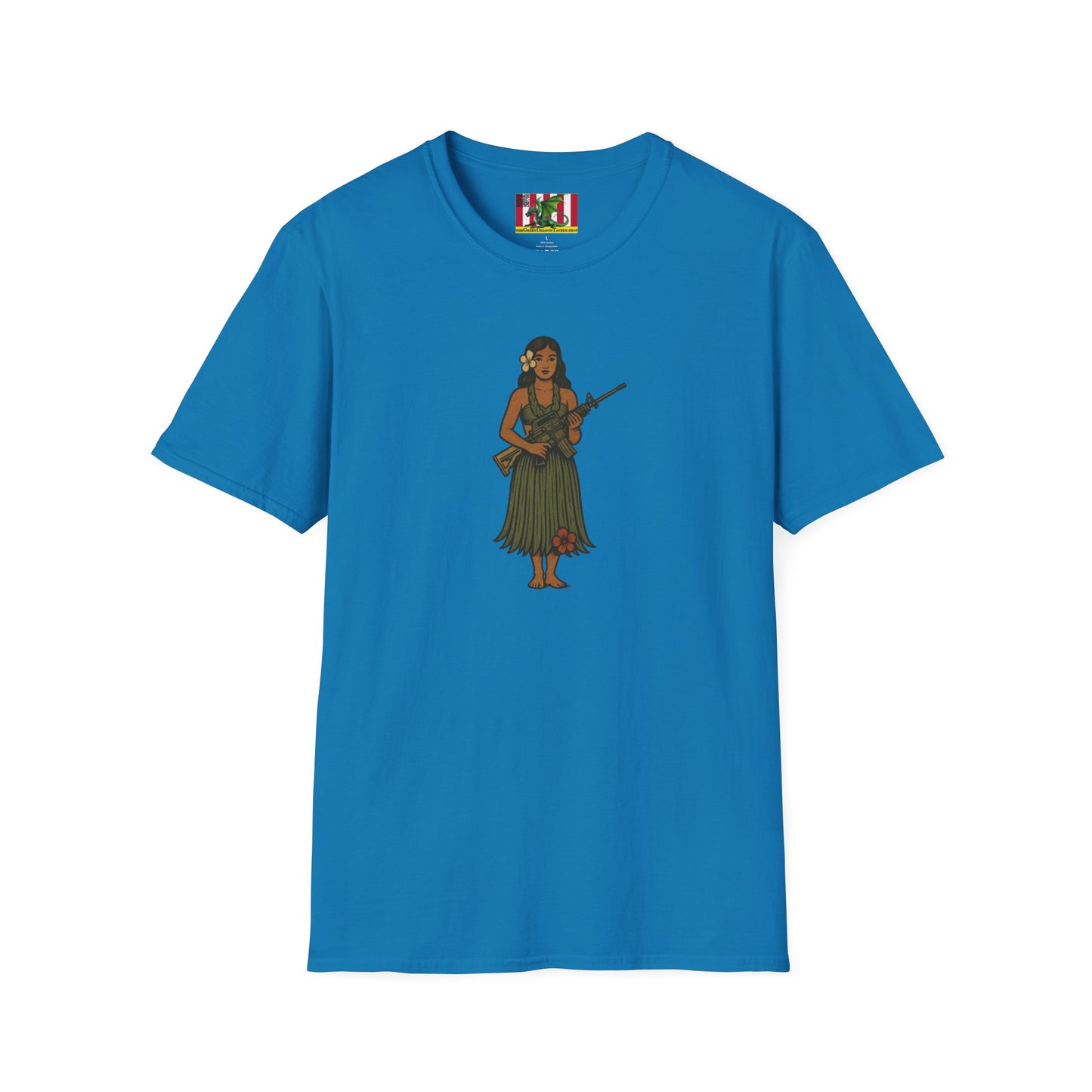 2-sided, Hula Girl Packin' Heat Dark colors Unisex T-Shirt by theGreenDragonTavern.shop