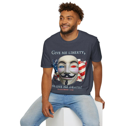 Vendetta, "Give me liberty, or give me death!" Dark colors Unisex T-Shirt by theGreenDragonTavern.shop