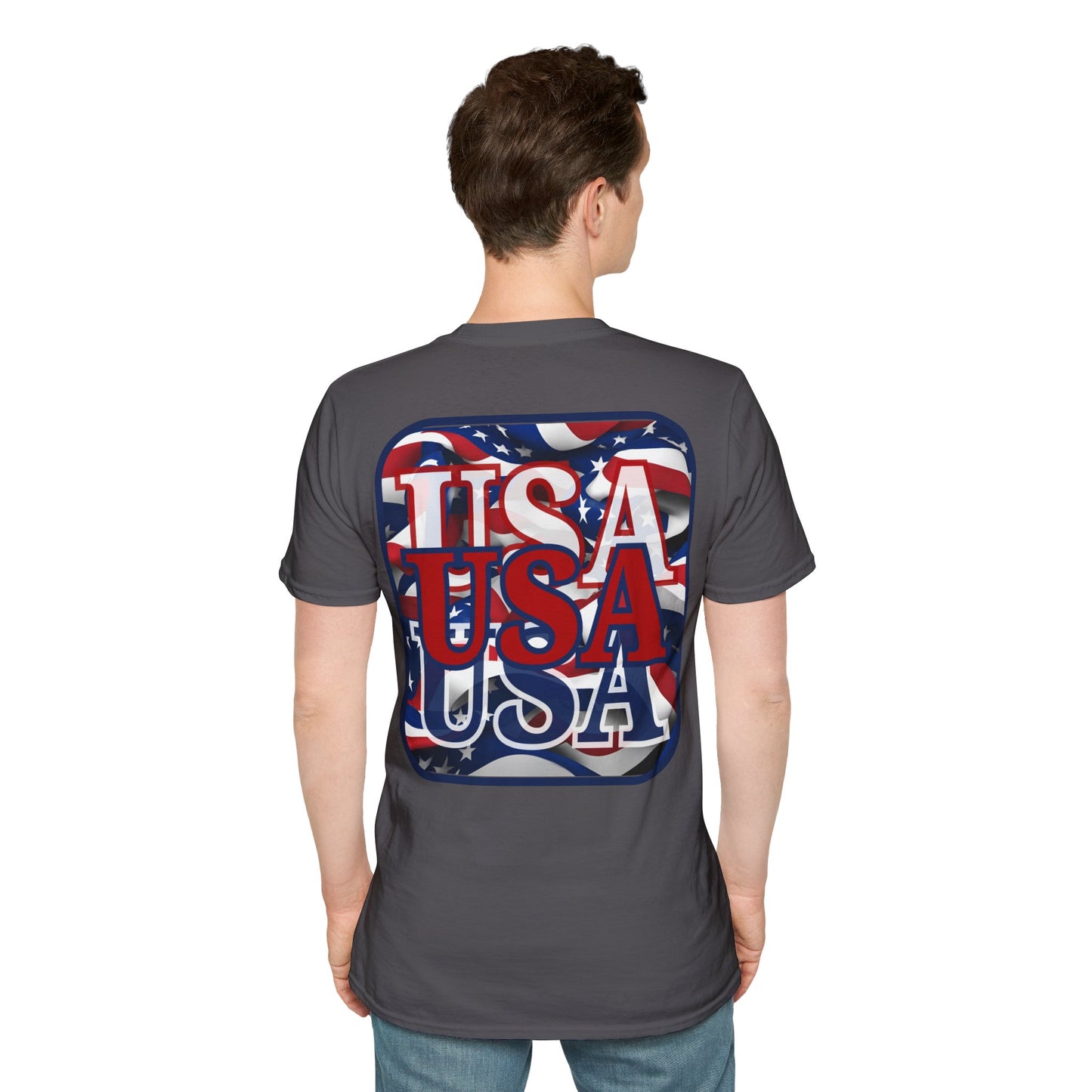 2-sided, RED White and Blue USA Patriot Dark colors Unisex T-Shirt by theGreenDragonTavern.shop