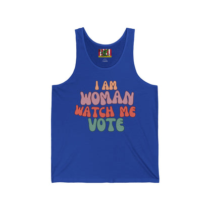 I Am Woman Watch Me Vote Unisex Jersey Tank Top by theGreenDragonTavern.shop