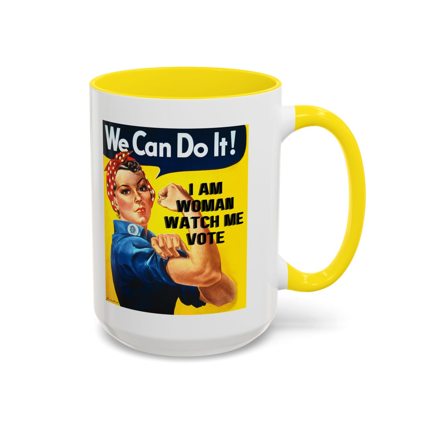 I Am Woman Watch Me Vote Rosie White Accent Mug by theGreenDragonTavern.shop