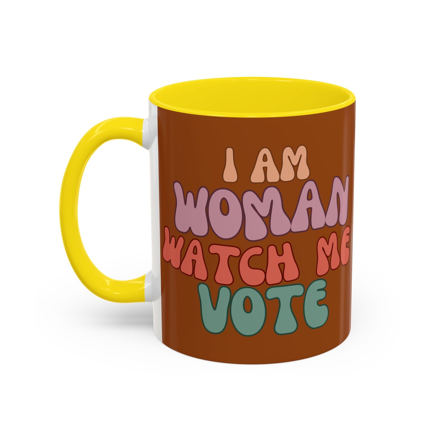 I Am Woman Watch Me Vote Brown Accent Mug by theGreenDragonTavern.shop