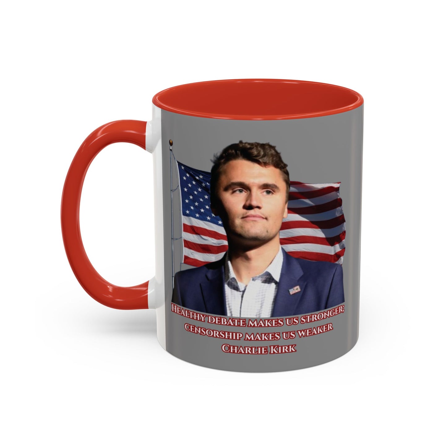 Charlie Kirk, Healthy Debate Grey Accent Mug by theGreenDragonTavern.shop