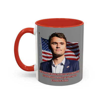 Charlie Kirk, Healthy Debate Grey Accent Mug by theGreenDragonTavern.shop