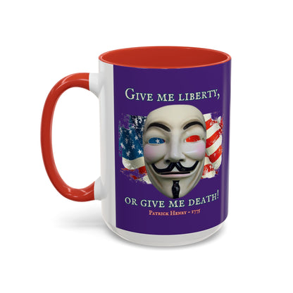 Vendetta, "Give me liberty, or give me death!" Purple Accent Mug by theGreenDragonTavern.shop
