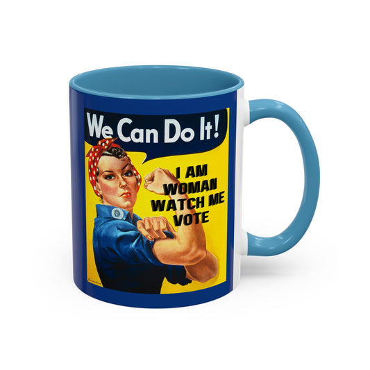 I Am Woman Watch Me Vote Rosie Dark Blue Accent Mug by theGreenDragonTavern.shop