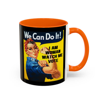 I Am Woman Watch Me Vote Rosie Black Accent Mug by theGreenDragonTavern.shop