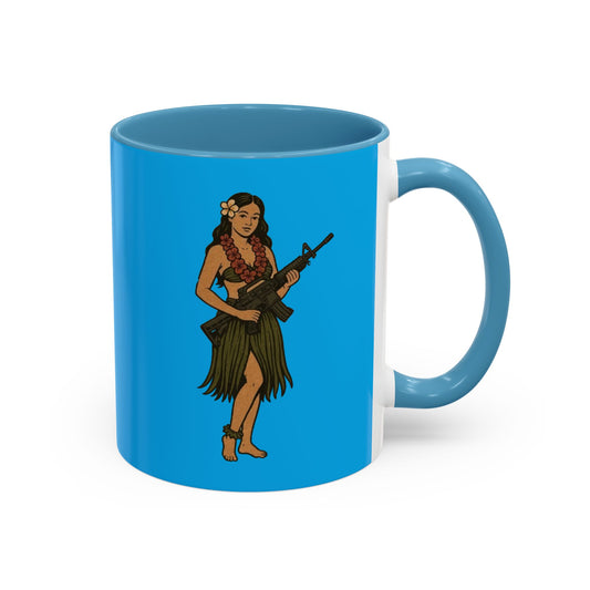 Hula Girl Packin' Heat Light Blue Accent Mug by theGreenDragonTavern.shop