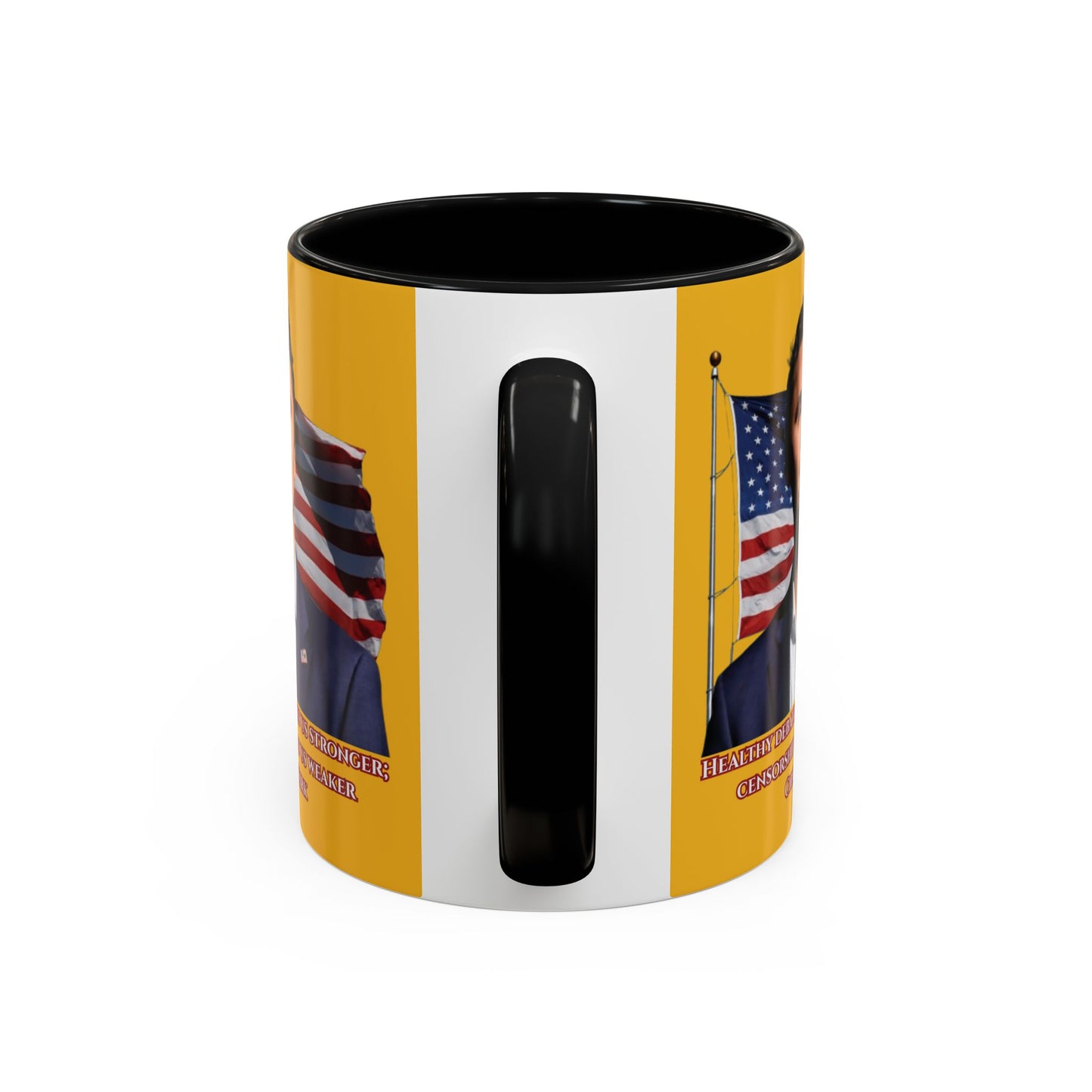 Charlie Kirk, Healthy Debate Yellow Accent Mug by theGreenDragonTavern.shop