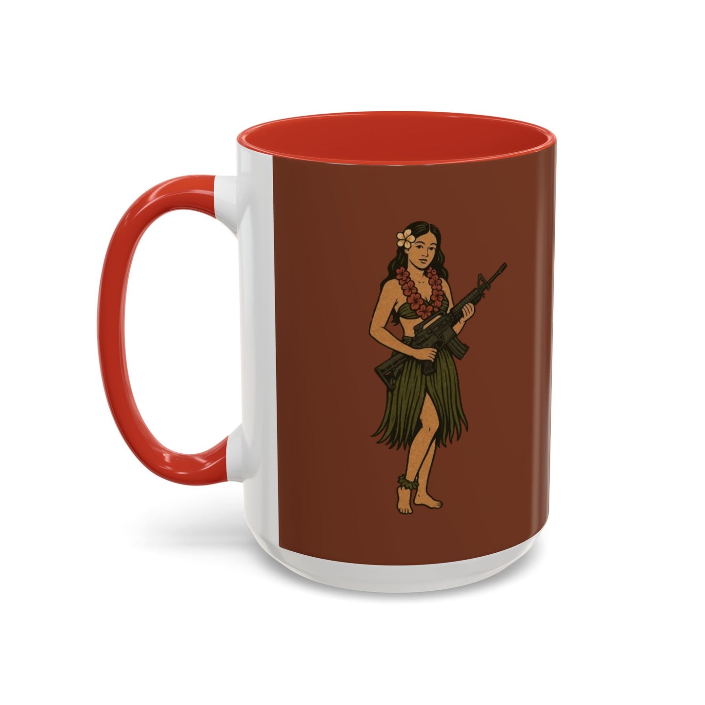 Hula Girl Packin' Heat Brown Accent Mug by theGreenDragonTavern.shop