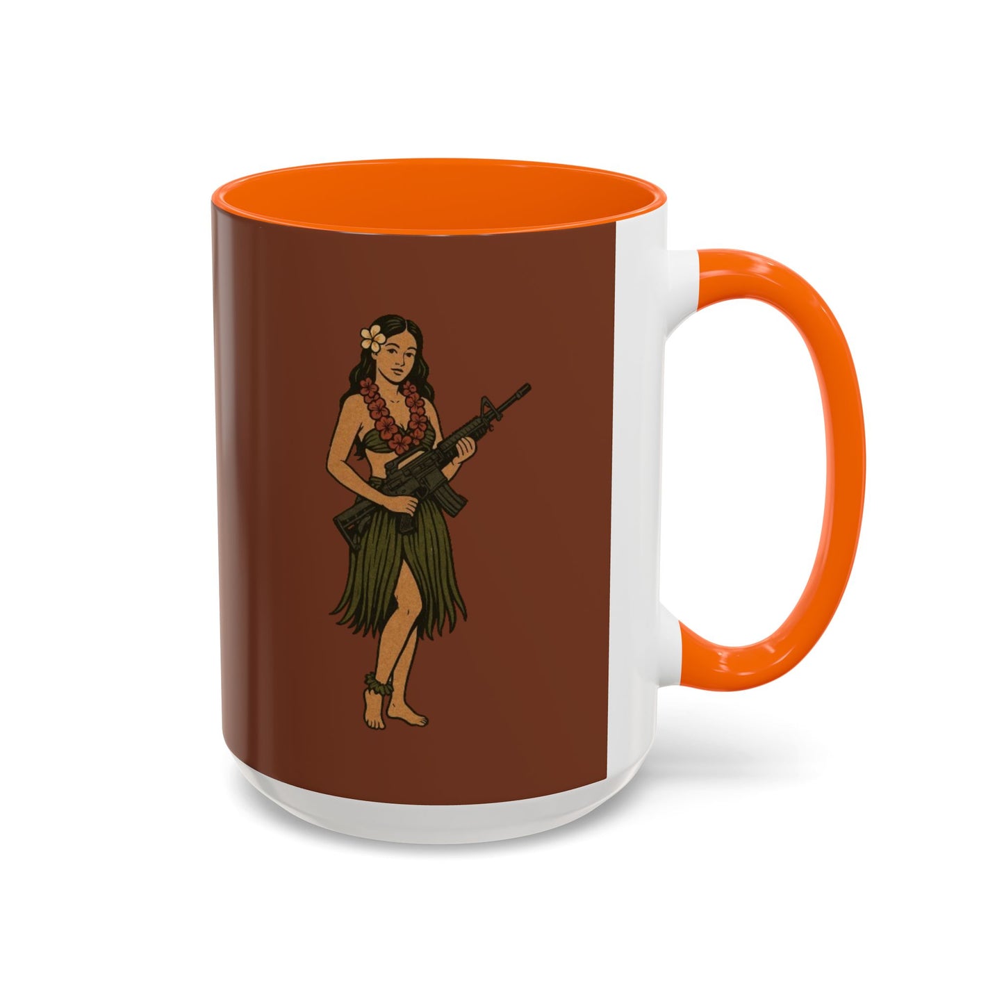 Hula Girl Packin' Heat Brown Accent Mug by theGreenDragonTavern.shop
