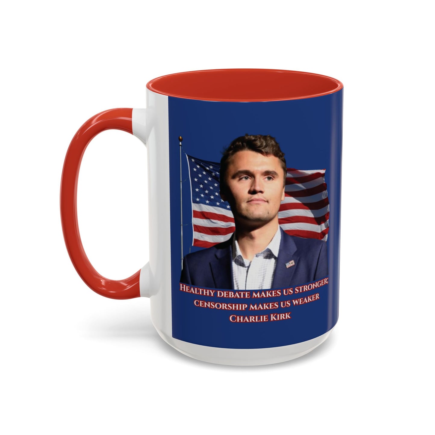 Charlie Kirk, Healthy Debate Blue Accent Mug by theGreenDragonTavern.shop