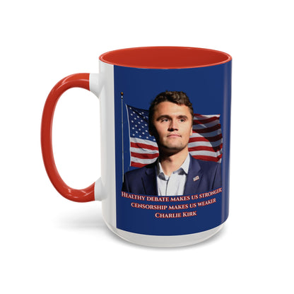 Charlie Kirk, Healthy Debate Blue Accent Mug by theGreenDragonTavern.shop