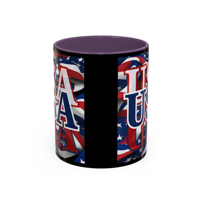 USA Blue font Center Patriot Black Accent Mug by theGreenDragonTavern.shop