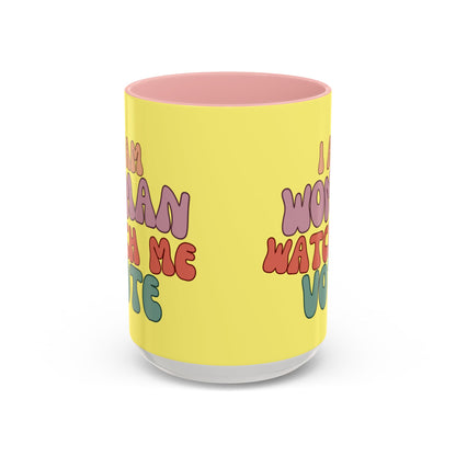I Am Woman Watch Me Vote Yellow Accent Mug by theGreenDragonTavern.shop