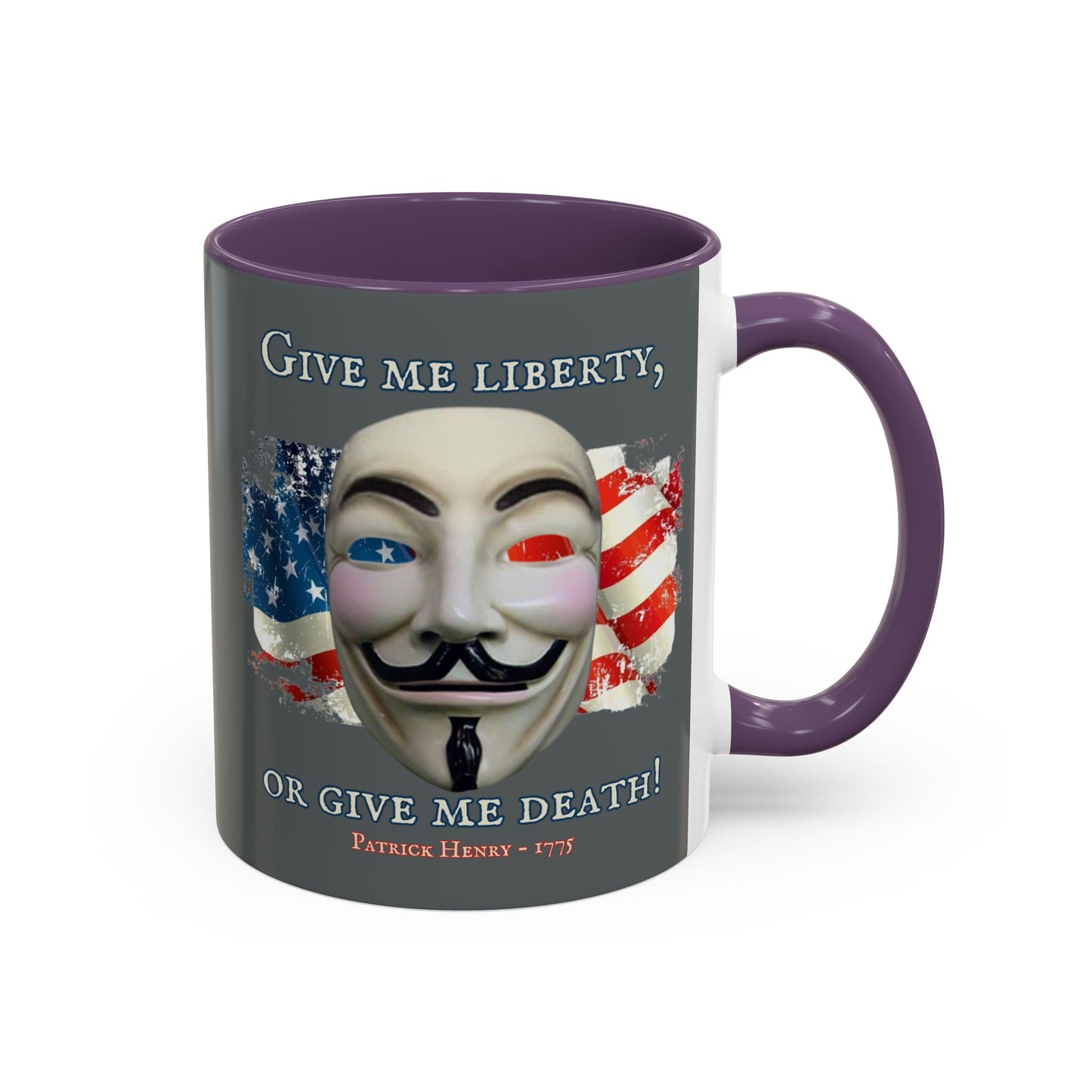 Vendetta, "Give me liberty, or give me death!" Grey Accent Mug by theGreenDragonTavern.shop