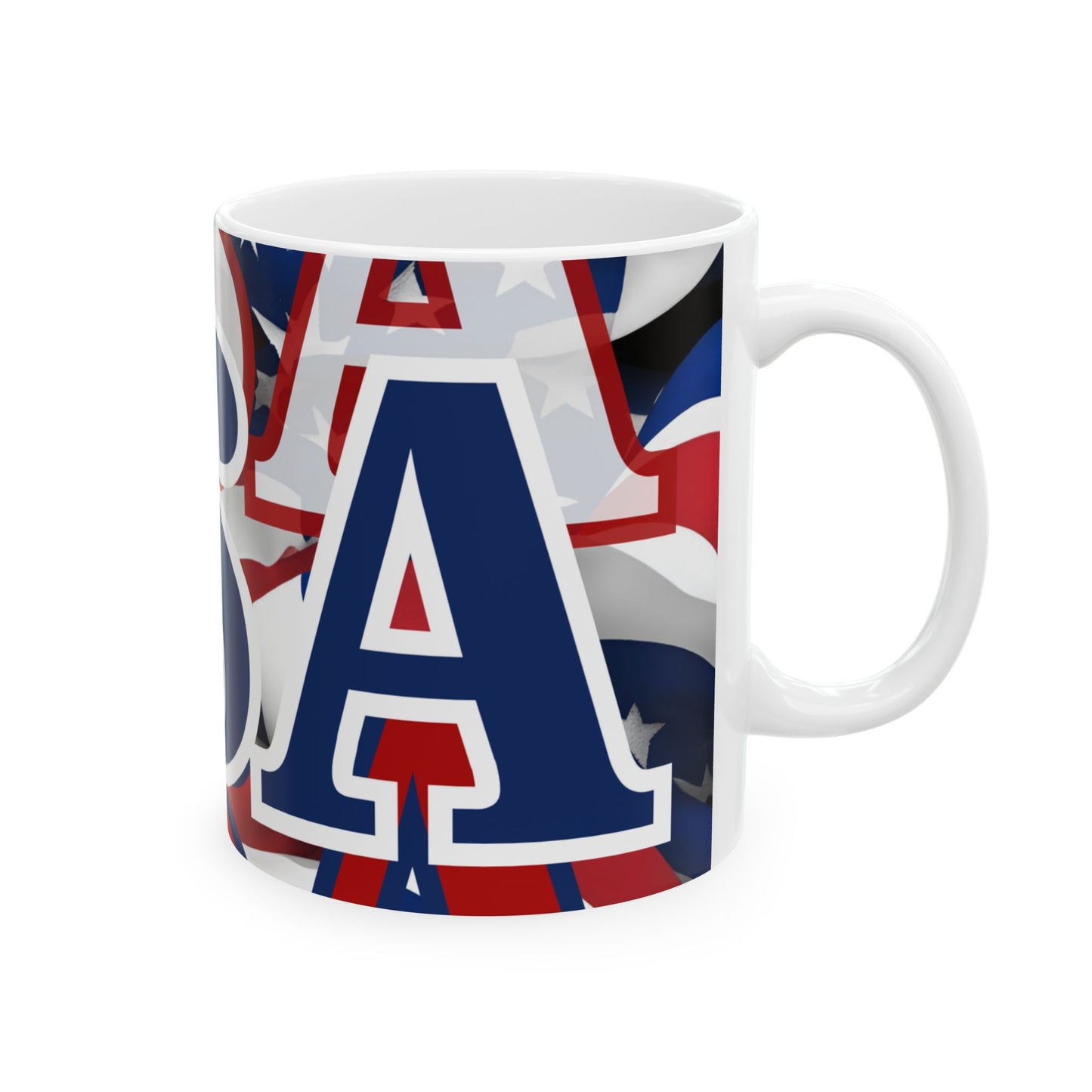 USA! USA! USA Blue font Patriot White Mug by theGreenDragonTavern.shop
