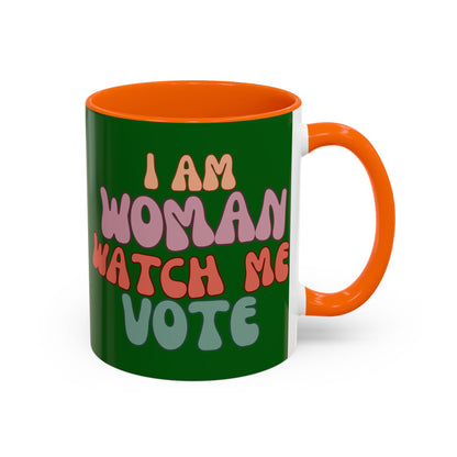 I Am Woman Watch Me Vote Dark Green Accent Mug by theGreenDragonTavern.shop