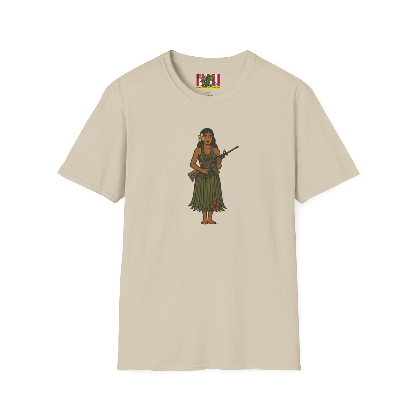2-sided, Hula Girl Packin' Heat Light colors Unisex T-Shirt by theGreenDragonTavern.shop