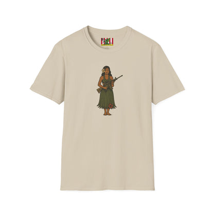2-sided, Hula Girl Packin' Heat Light colors Unisex T-Shirt by theGreenDragonTavern.shop