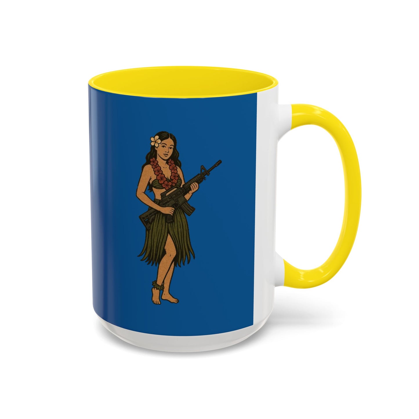 Hula Girl Packin' Heat Dark Blue Accent Mug by theGreenDragonTavern.shop