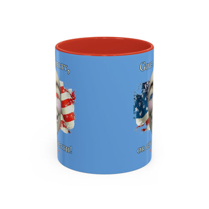 Vendetta, "Give me liberty, or give me death!" Blue Accent Mug by theGreenDragonTavern.shop