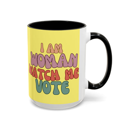I Am Woman Watch Me Vote Yellow Accent Mug by theGreenDragonTavern.shop