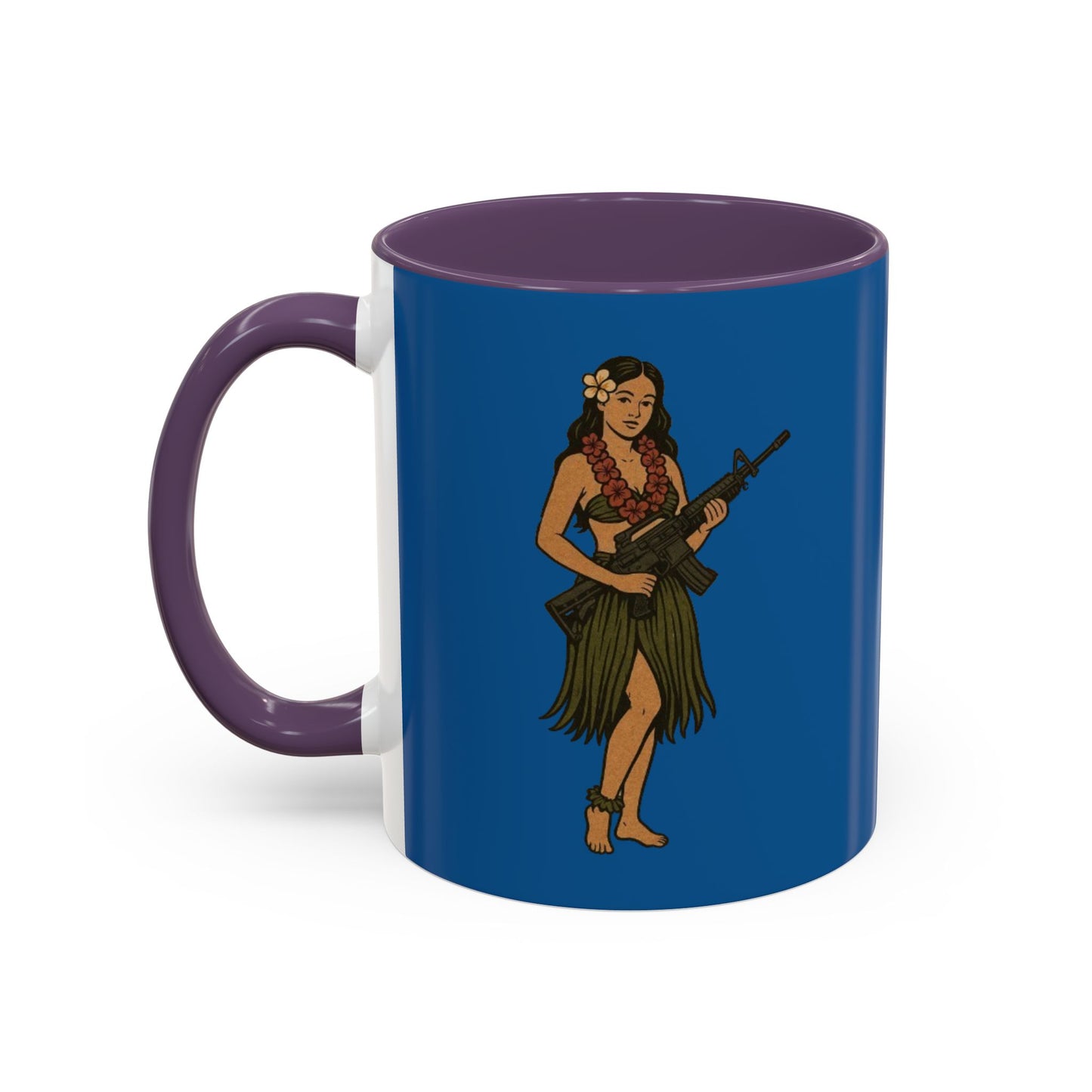 Hula Girl Packin' Heat Dark Blue Accent Mug by theGreenDragonTavern.shop