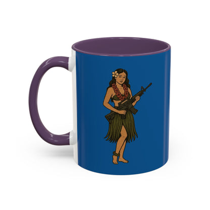 Hula Girl Packin' Heat Dark Blue Accent Mug by theGreenDragonTavern.shop