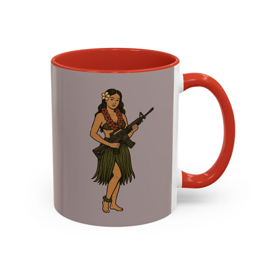 Hula Girl Packin' Heat Grey Accent Mug by theGreenDragonTavern.shop