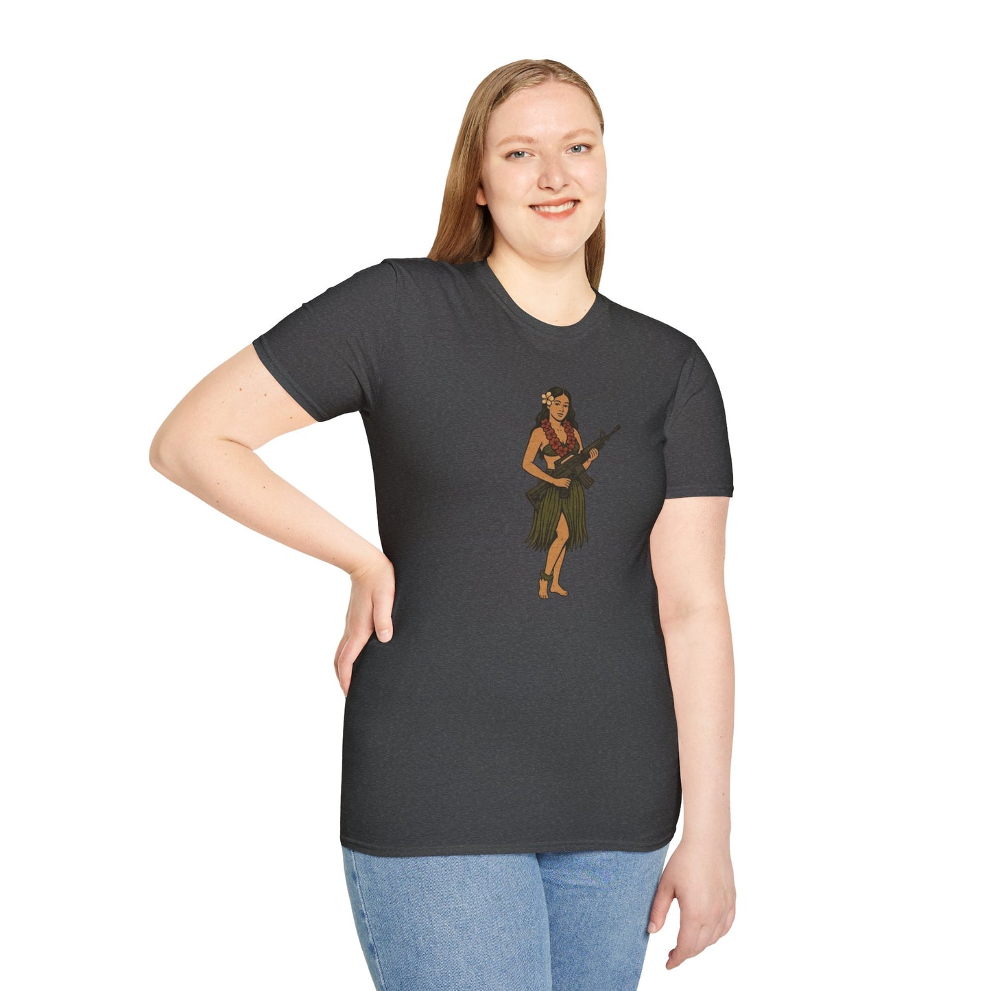 Hula Girl Packin' Heat Dark colors Unisex T-Shirt by theGreenDragonTavern.shop