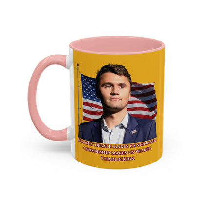 Charlie Kirk, Healthy Debate Yellow Accent Mug by theGreenDragonTavern.shop
