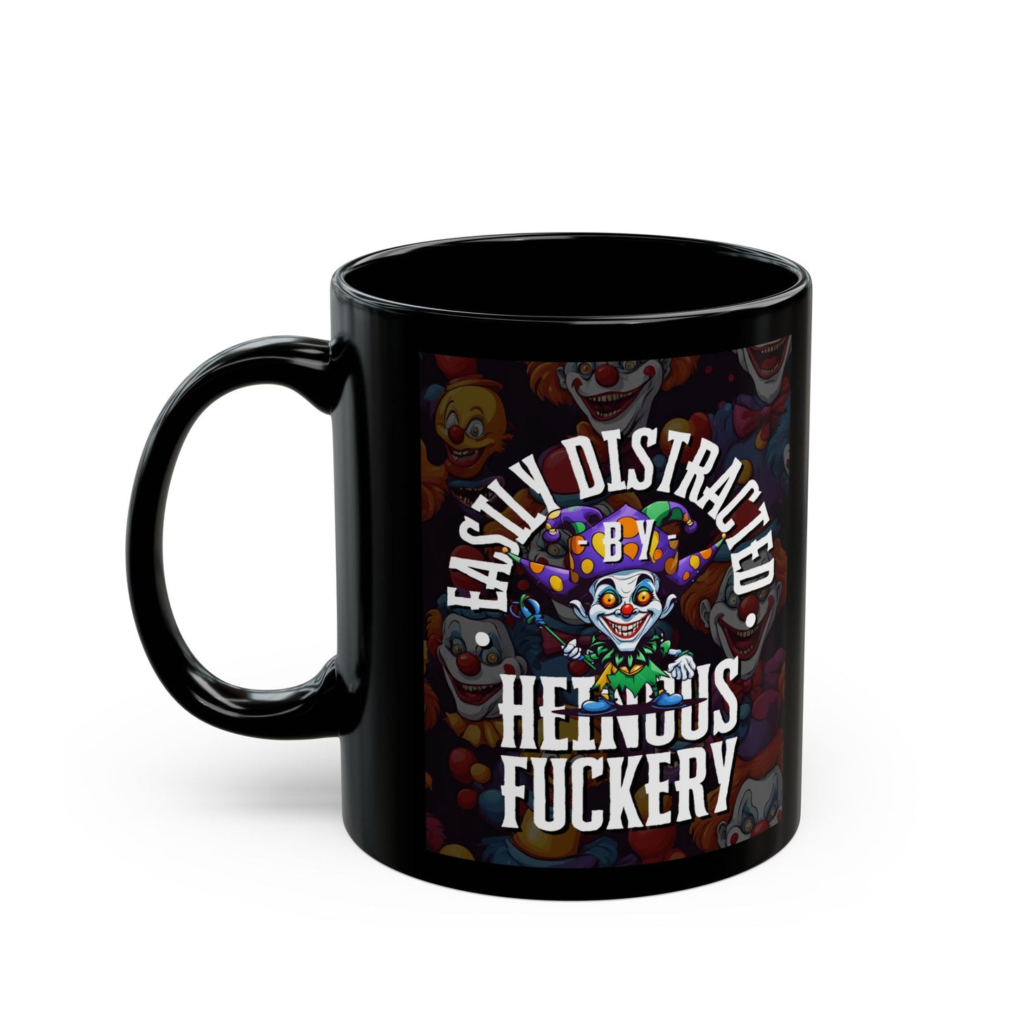 Easily Distracted by Heinous Fuckery Little Jinx Black Mug by theGreenDragonTavern.shop
