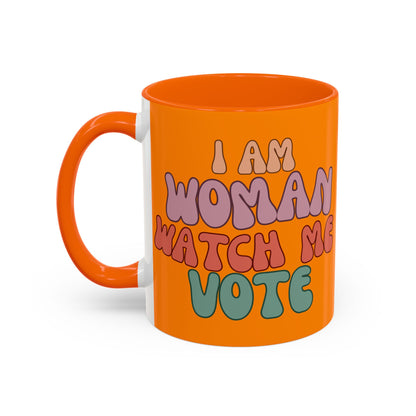 I Am Woman Watch Me Vote Orange Accent Mug by theGreenDragonTavern.shop